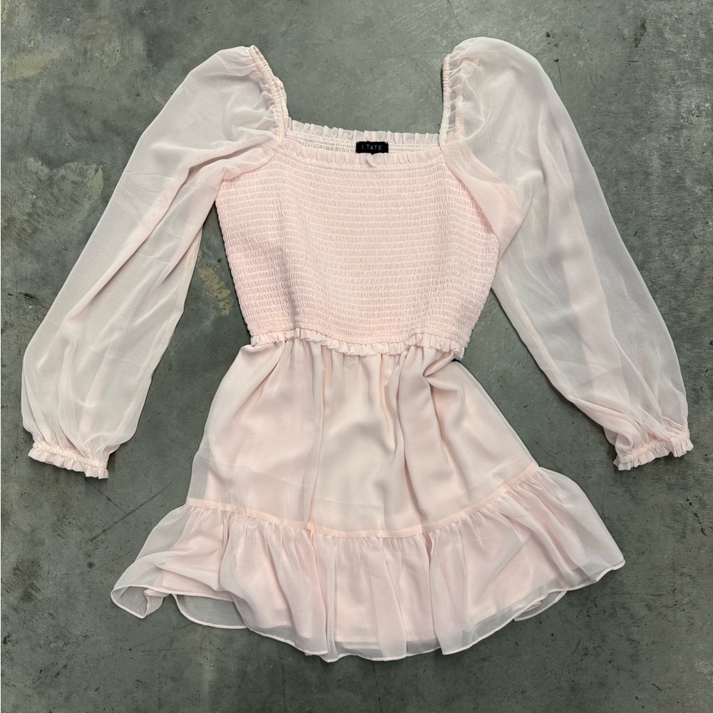 1.State Pink Smocked Mini Dress Size L Puff Sleeve Easter Spring Dress